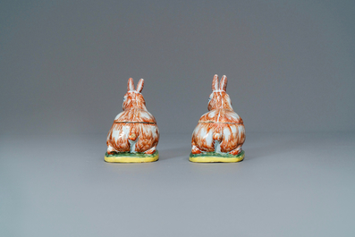 A pair of polychrome Dutch Delft 'hare' tureens, 18th C.